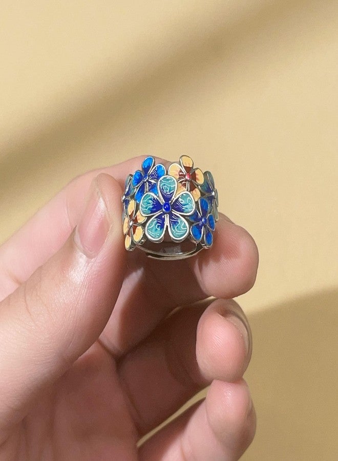 HAIXIAN Sterling Silver Fashion Rose Peony Flower Statement Band Ring, Thick Silver Plated Dainty Colorful Floral Enamel Band Ring Jewelry for Women (Adjustable) - Image 5
